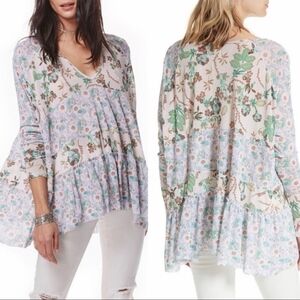 Free People Isabelle Tunic In Tea Combo Long Sleeve Light Blue Paisley Sheer Top